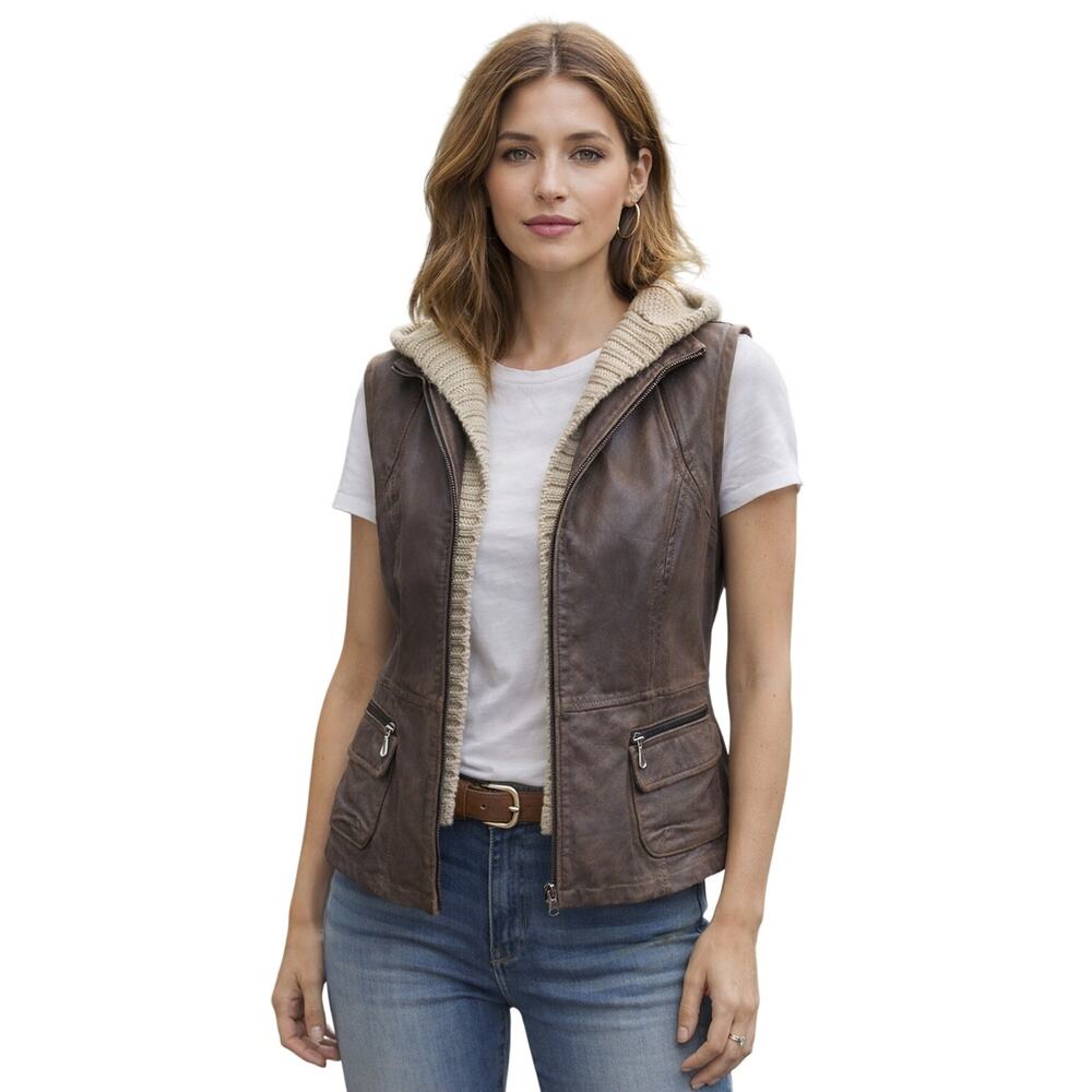 Jakett New York Leather Vest Removable Hood Brown Moto Zip Size M